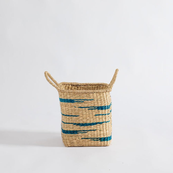 Home.Life Square Seagrass Basket Abstract Line with Handles Midnight Blue-Storage Baskets