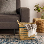 Home.Life Square Seagrass Basket Abstract Line with Handles Midnight Blue