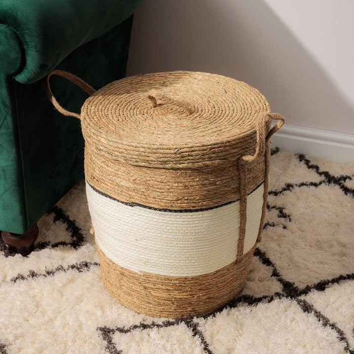 Bulrush & Paper Stripe Basket With Lid - Milk-Basket