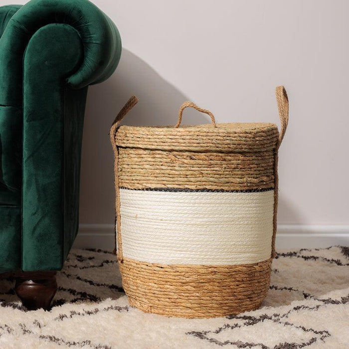 Bulrush & Paper Stripe Basket With Lid - Milk-Basket