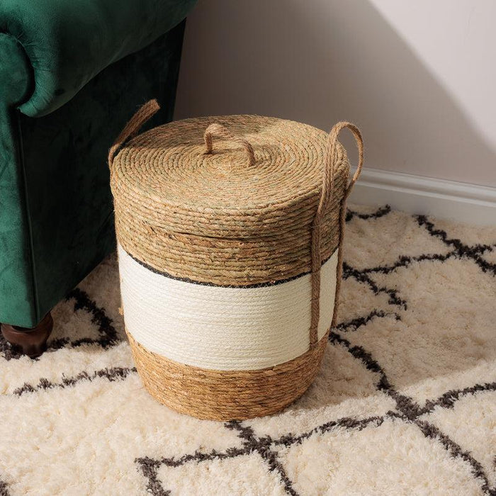 Bulrush & Paper Stripe Basket With Lid - Milk-Basket