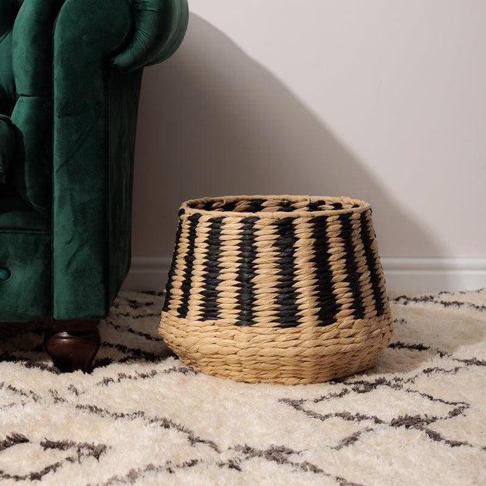 Woven Paper Stripe Basket - Black-Basket