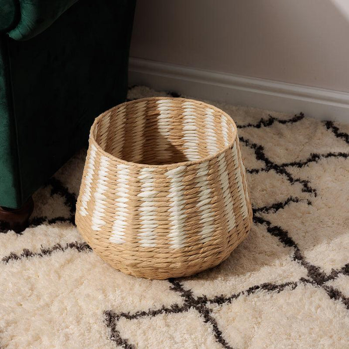 Woven Paper Stripe Basket - Cream-Basket
