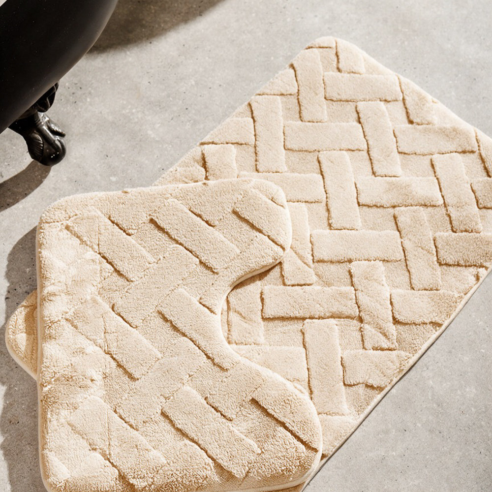 Manhattan Jacquard Memory Foam Bathroom Mat Beige 2 Piece-Bath Mats