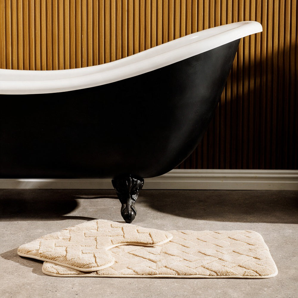 Manhattan Jacquard Memory Foam Bathroom Mat Beige 2 Piece-Bath Mats