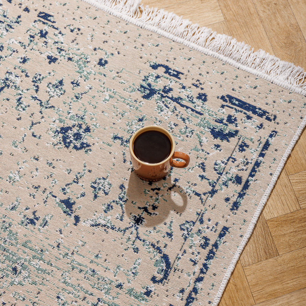 Mykonos Mediterranean Collection Jacquard Polycotton Carpet Blue-Carpets/Rugs