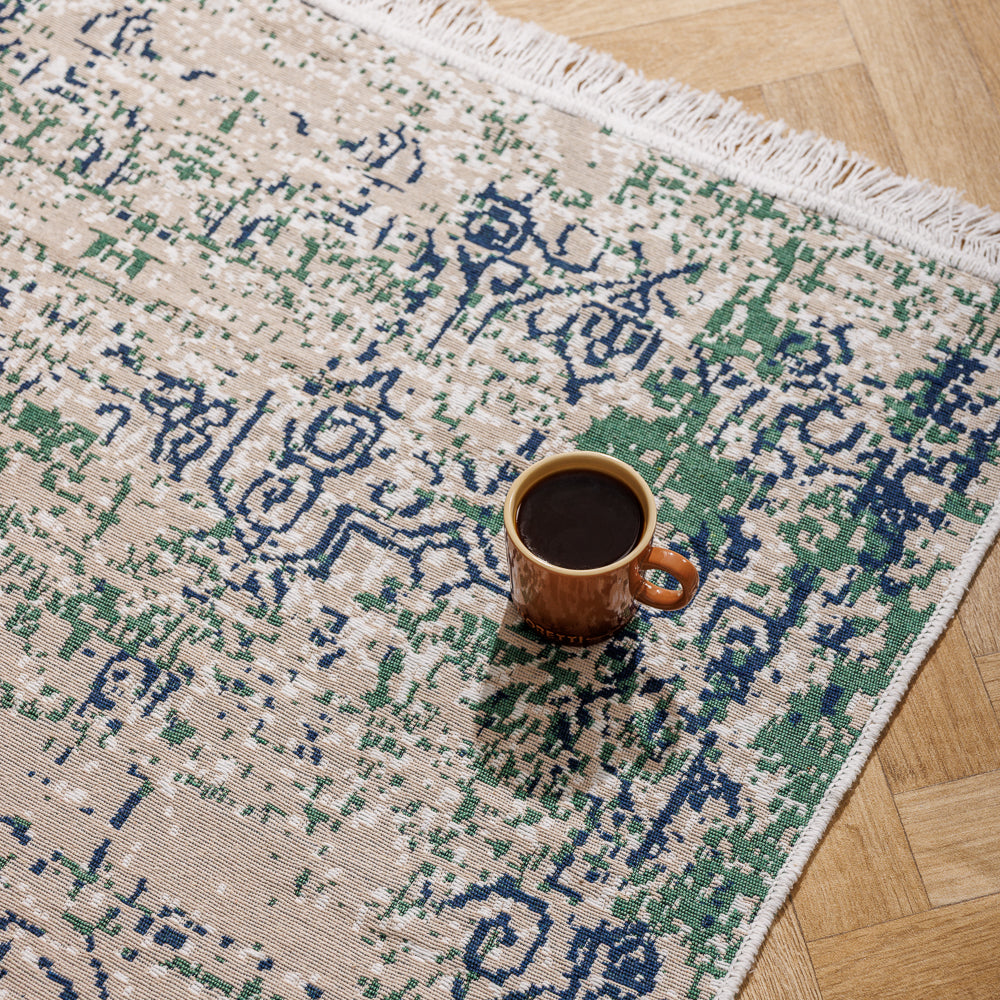 Paros Mediterranean Collection Jacquard Polycotton Carpet Blue Grey-Carpets/Rugs