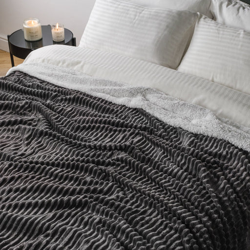 Ribbed Sherpa Fleece Blanket - Charcoal-BLANKET