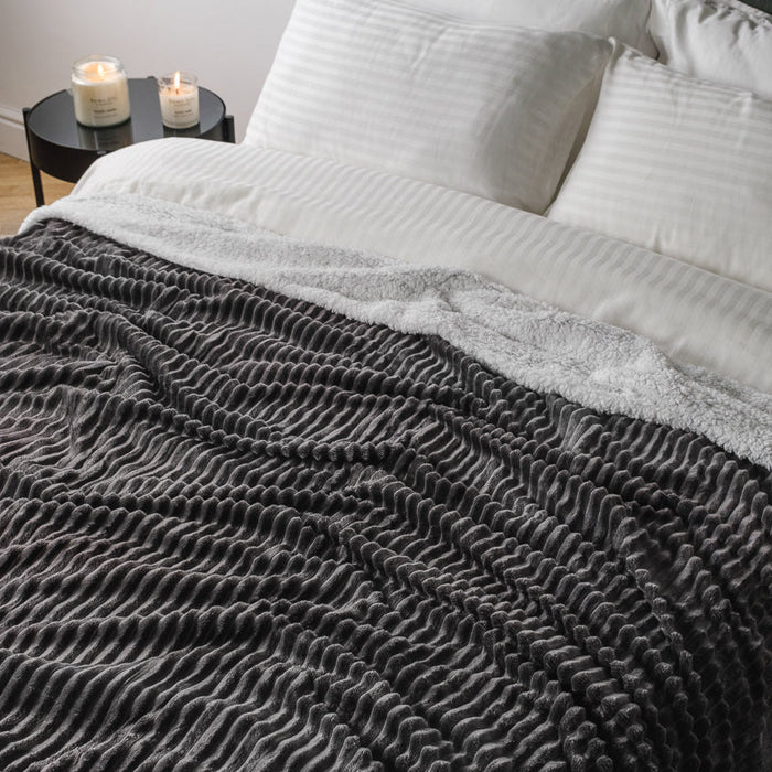 Ribbed Sherpa Fleece Blanket - Charcoal-BLANKET