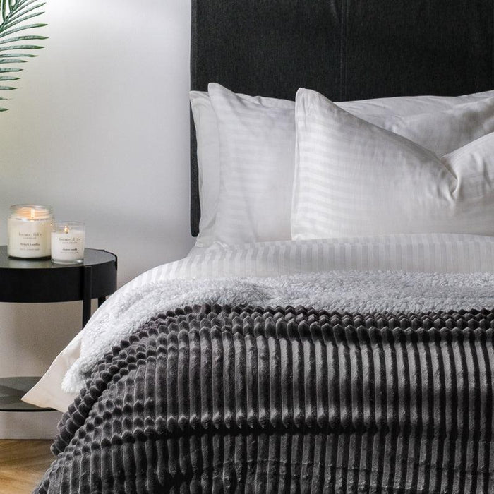 Ribbed Sherpa Fleece Blanket - Charcoal-BLANKET