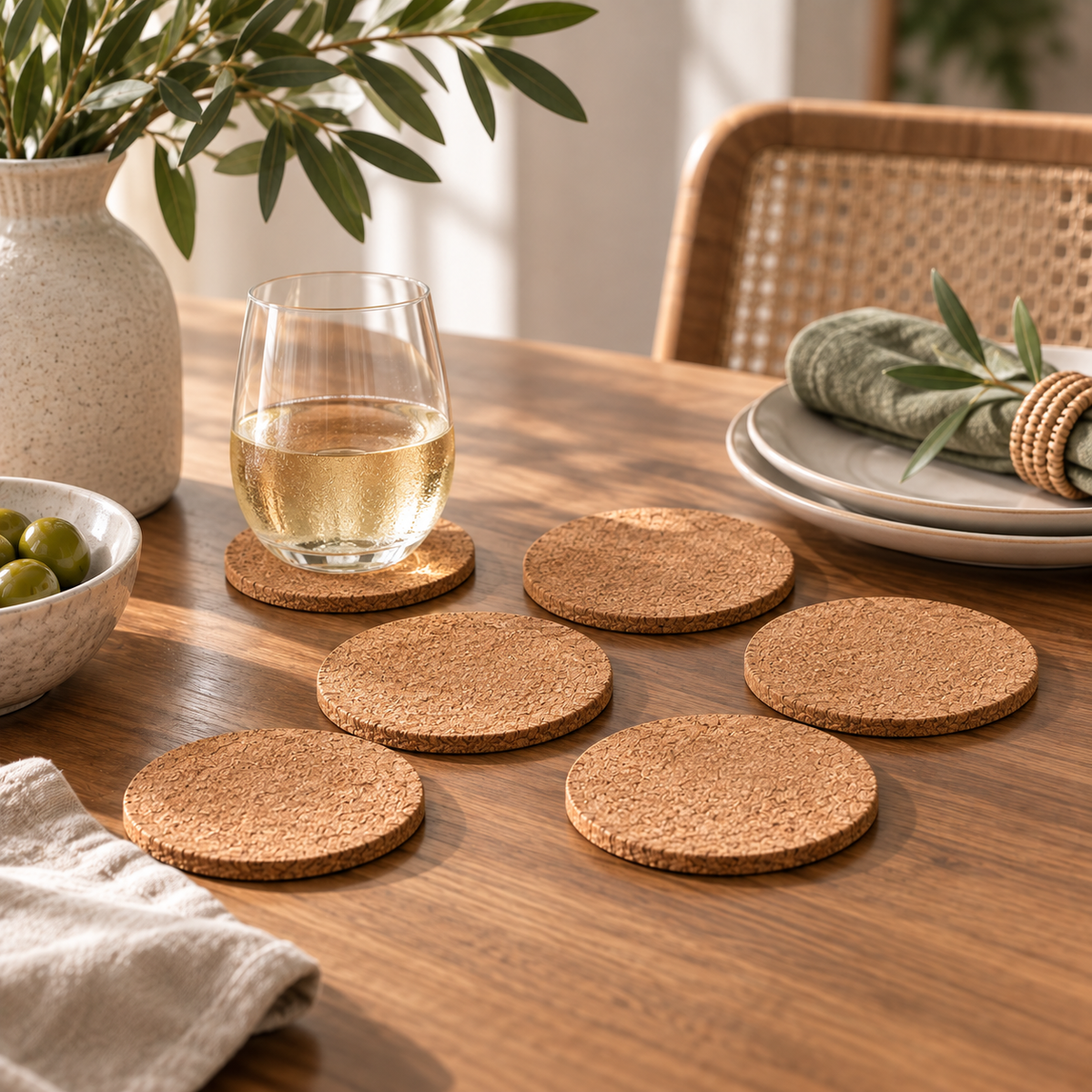 Round Cork Coaster Set Set of 6-Bar Accessories