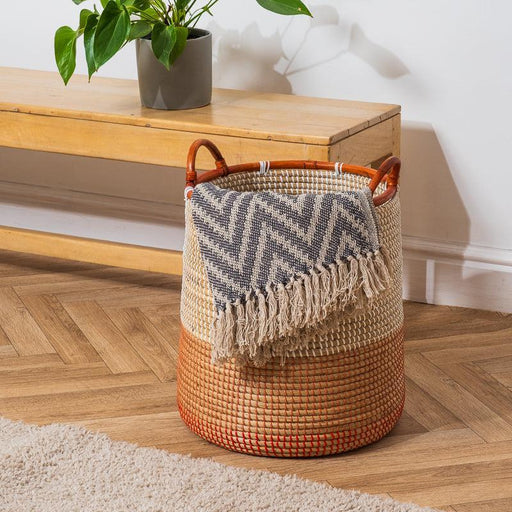 Seagrass Toned Rattan Rimmed Round Basket - Tan-Basket