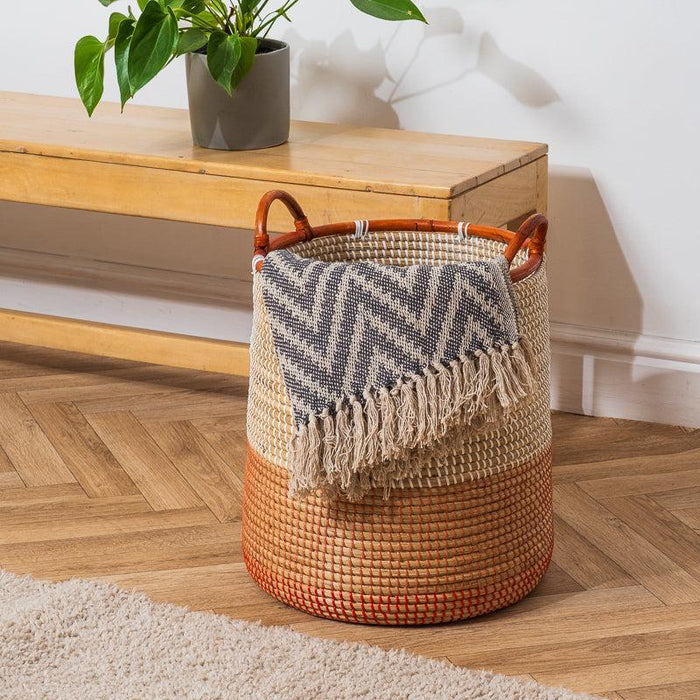 Seagrass Toned Rattan Rimmed Round Basket - Tan-Basket