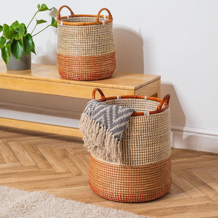 Seagrass Toned Rattan Rimmed Round Basket - Tan-Basket