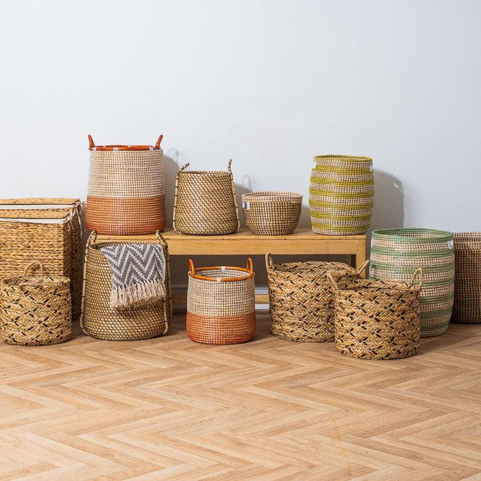 Seagrass Toned Rattan Rimmed Round Basket - Tan-Basket