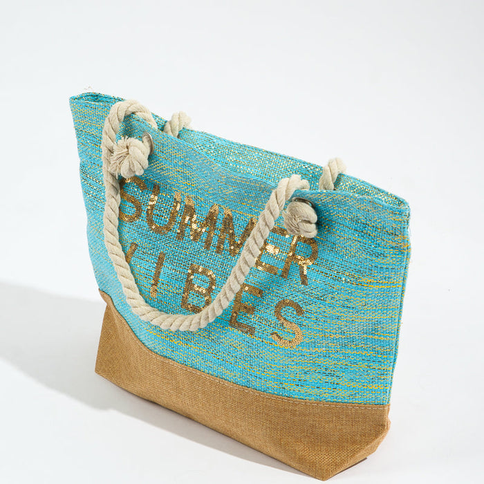 Sequin Beach Bag Summervibes - Turquoise-BEACH BAGS