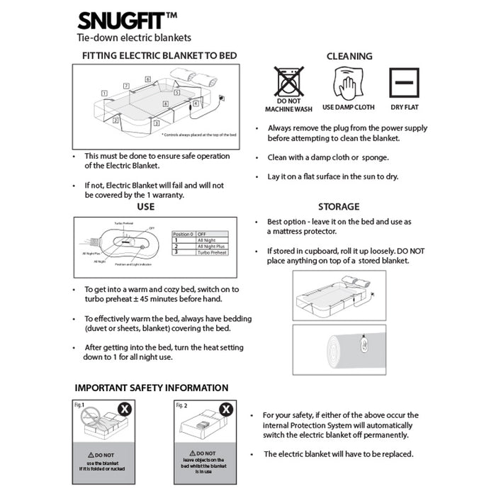 Snugfit Electric Blanket - Tie Down with Safety Ties-Electric blanket