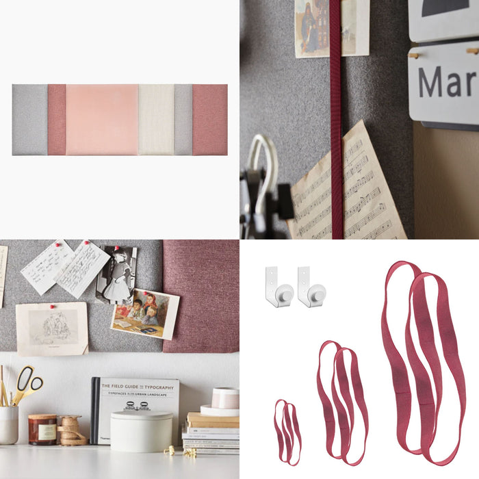 Collage of office supplies and decor items including ribbons, a calendar, and stationery.