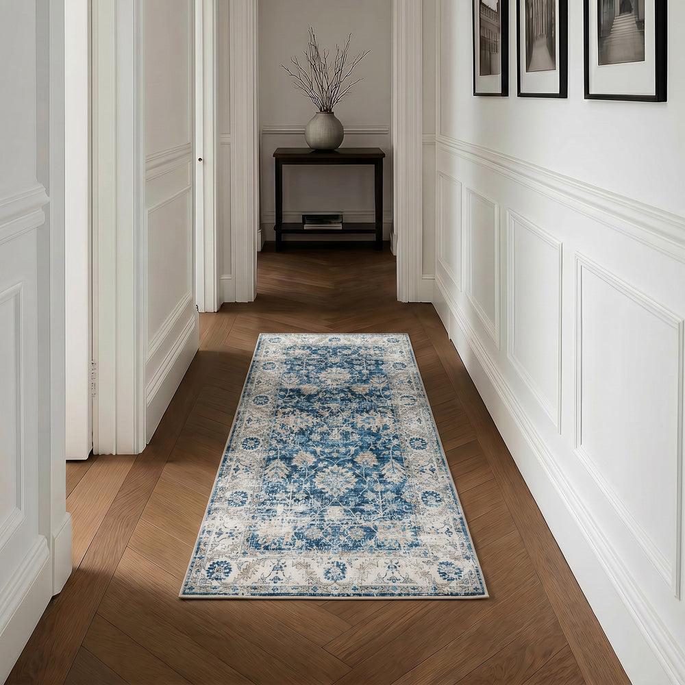 Softweave Printed Runner Navy Blossom-Carpets/Rugs