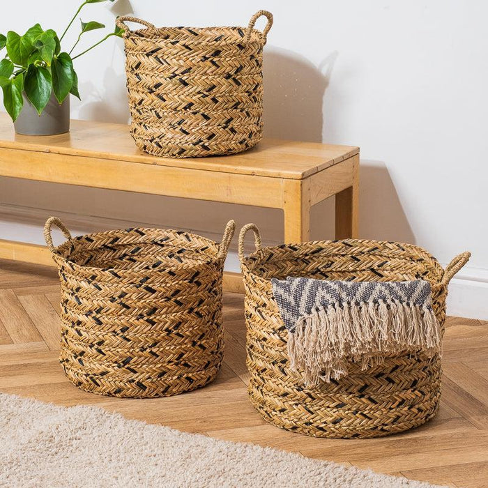 Water Hyacinth Round Basket - Black Weave-Basket