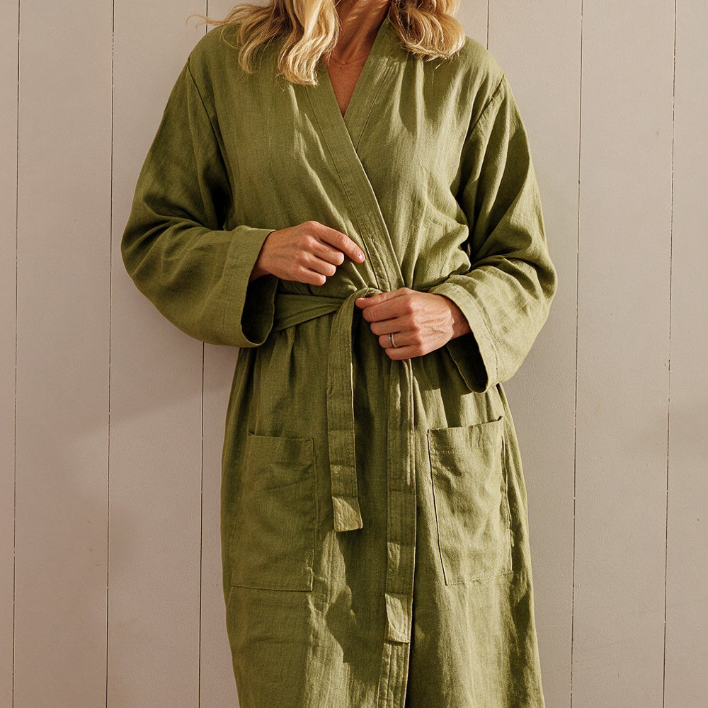Whisper Soft Heritage Collection Linen and Cotton Kimono Green-Bathrobes