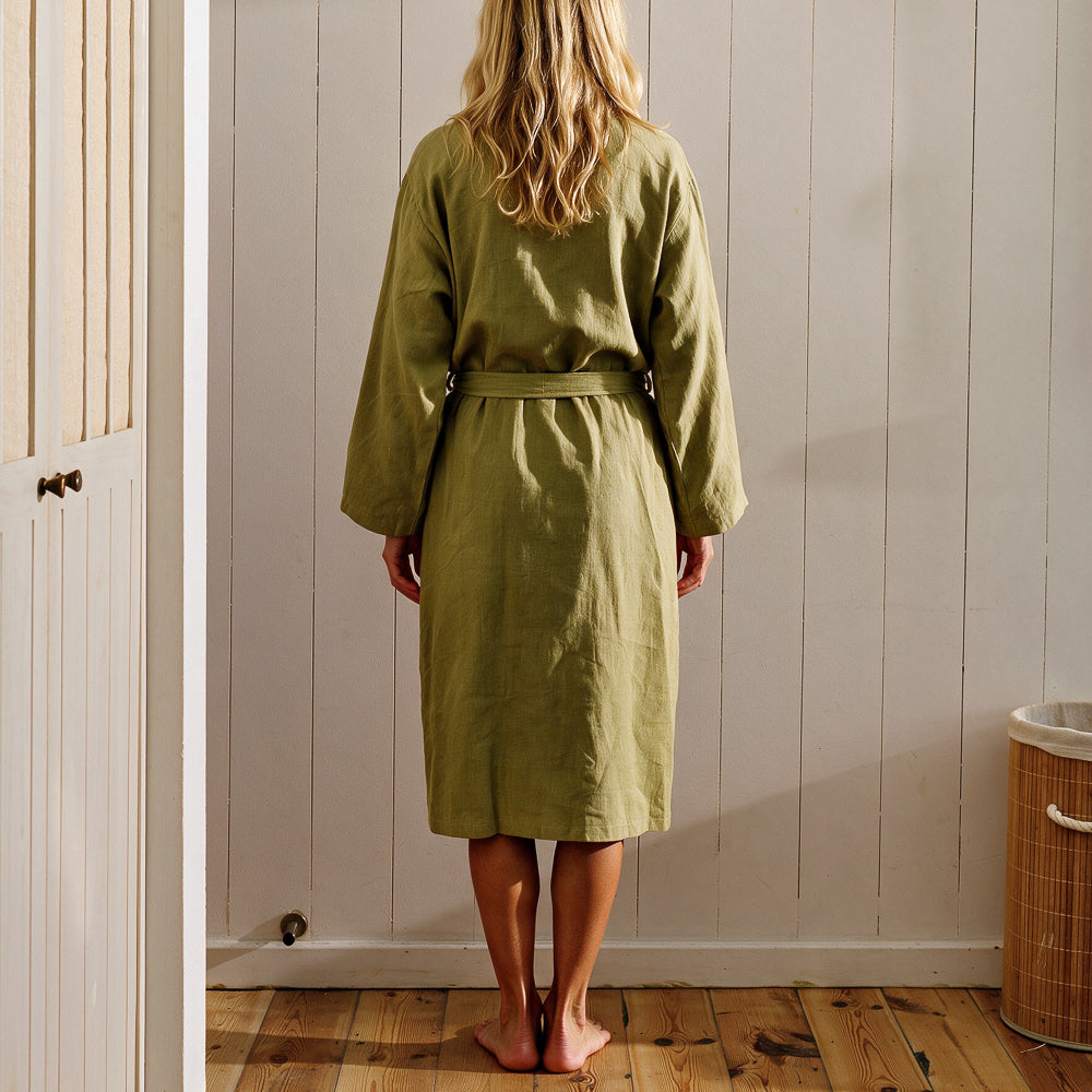 Whisper Soft Heritage Collection Linen and Cotton Kimono Green-Bathrobes