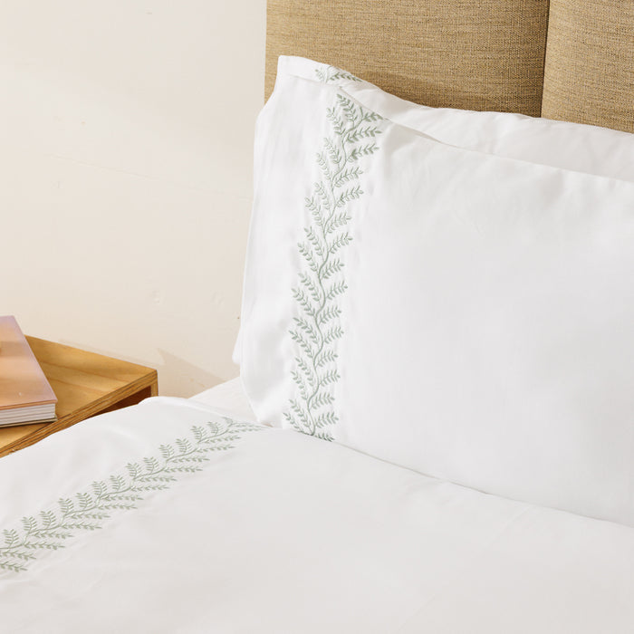 Whisper Soft Leafline 400 Thread Count 100% Cotton Embroidered Duvet Cover Set Sage on White-Duvet Cover Sets