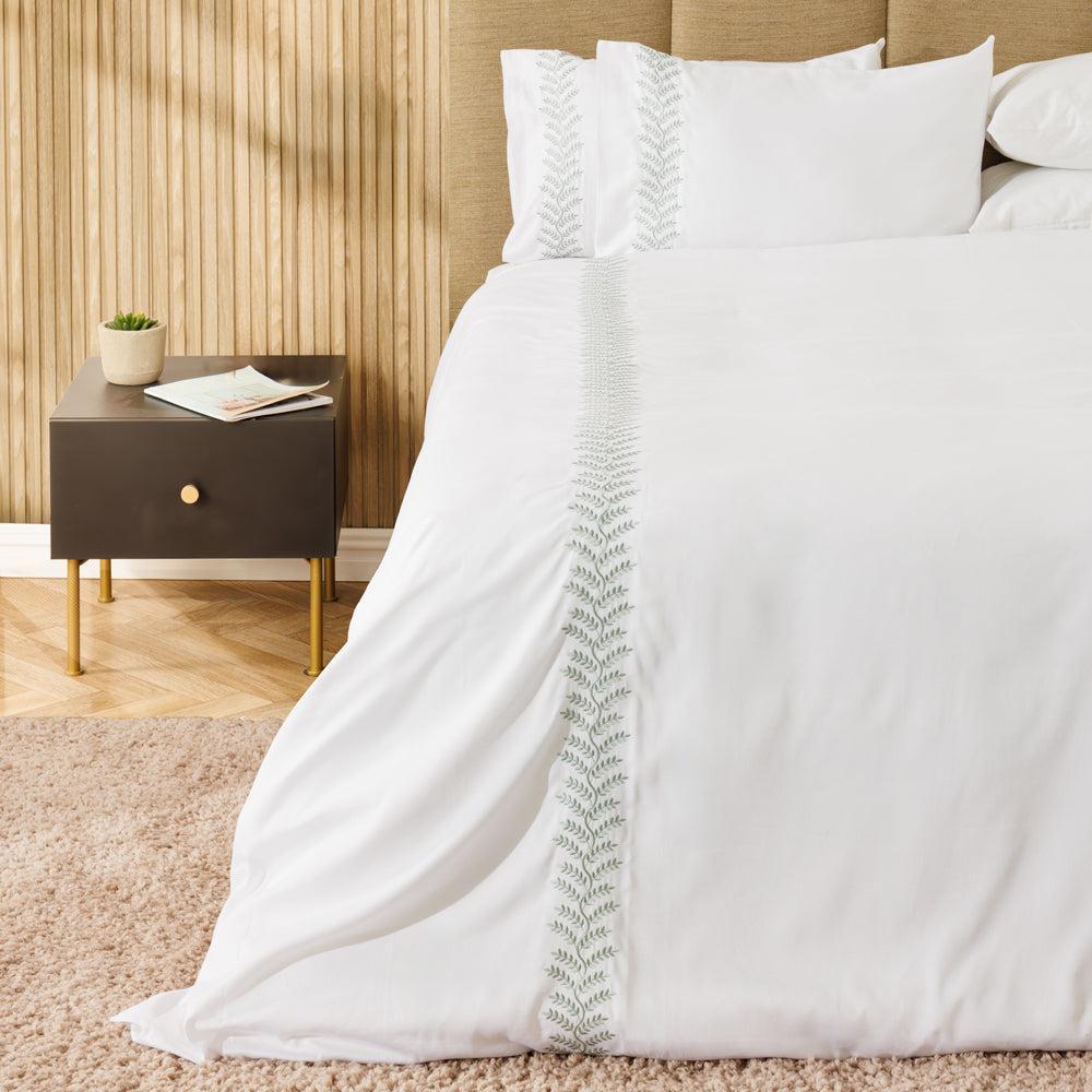 Whisper Soft Leafline 400 Thread Count 100% Cotton Embroidered Duvet Cover Set Sage on White-Duvet Cover Sets