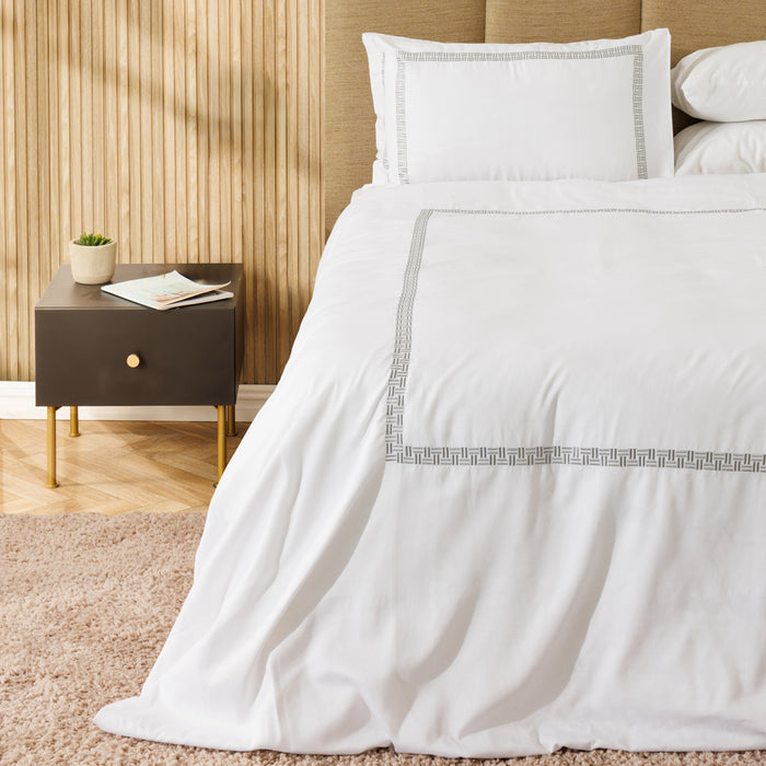 Whisper Soft Loomline 400 Thread Count 100% Cotton Embroidered Duvet Cover Set Grey on White-Duvet Cover Sets