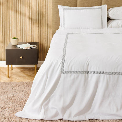 Whisper Soft Loomline 400 Thread Count 100% Cotton Embroidered Duvet Cover Set Grey on White-Duvet Cover Sets