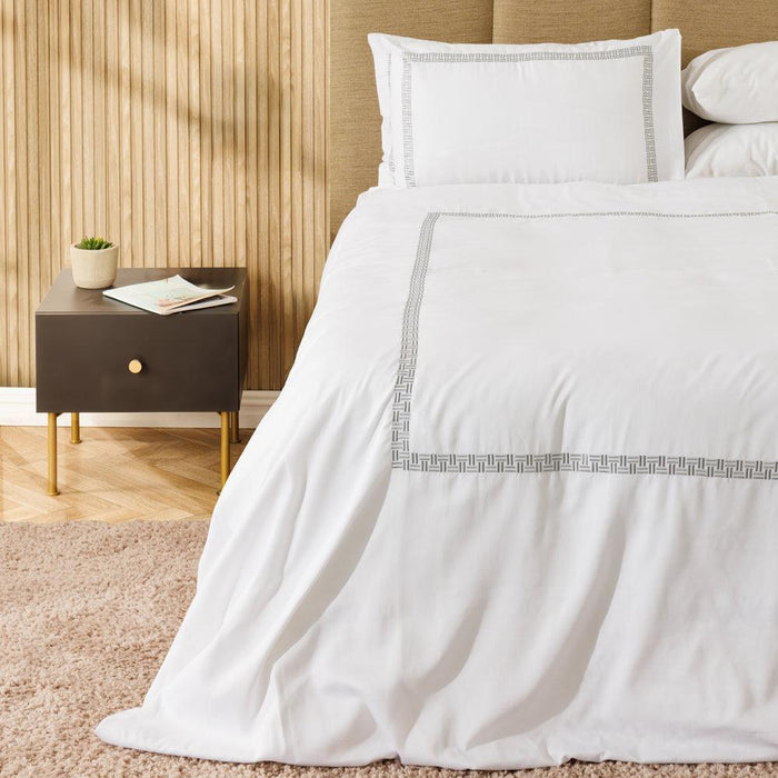 Whisper Soft Loomline 400 Thread Count 100% Cotton Embroidered Duvet Cover Set Grey on White-Duvet Cover Sets