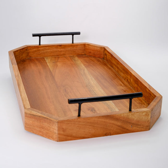 Wooden Serving Tray With Black Handles - large